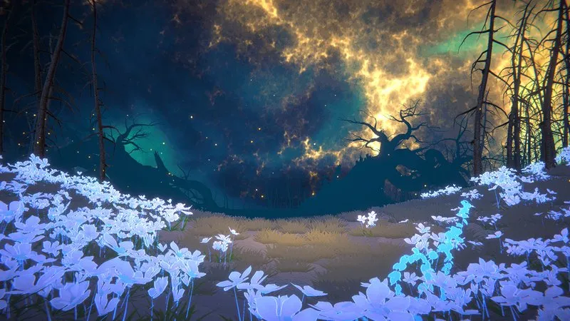 Glowing blue flowers beneath a burning starry sky in Shape of Dreams