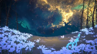 Glowing blue flowers beneath a burning starry sky in Shape of Dreams