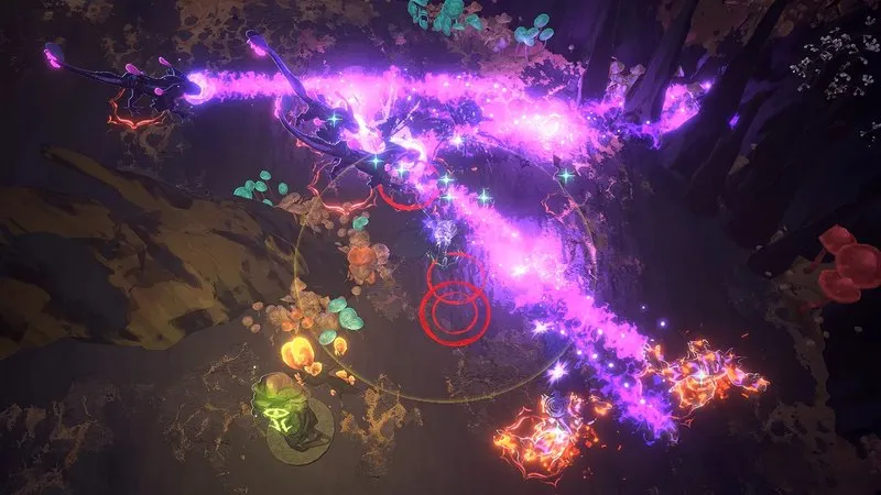 A piercing violet beam slicing through enemies during a built-up run in Shape of Dreams
