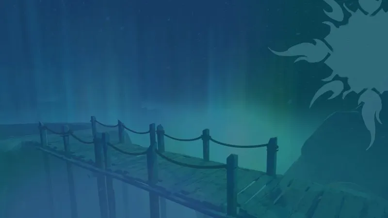 A rope-bound wooden pier fading into mist in the dream world of Shape of Dreams