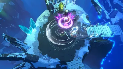 Ice world combat with a glowing shrine in Shape of Dreams