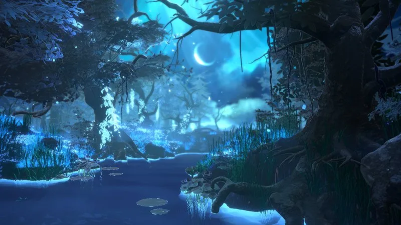 A moonlit dream forest with a stream running through it in Shape of Dreams