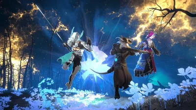 Three Travelers fighting side by side under a burning starry sky in Shape of Dreams