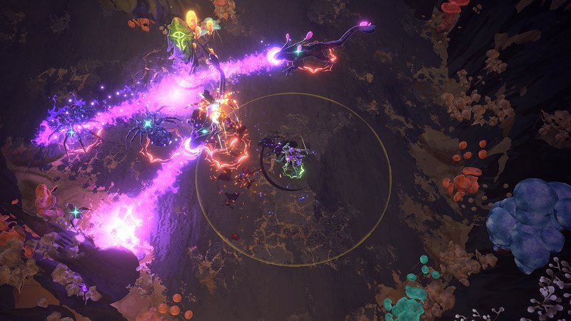 A large boss encounter in a glowing cave world in Shape of Dreams